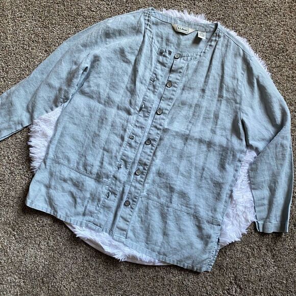 L.L. Bean Linen Button Front Thin Jacket Shacket Blue Womens Size Medium Petite - Picture 1 of 11